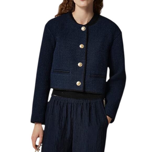 J. Crew Tweed Bomber Lady Jacket Wool Blend Navy Gold Button Size 14 - Picture 1 of 13